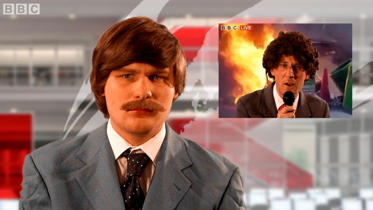 film still. bob and matt smith as reporters
