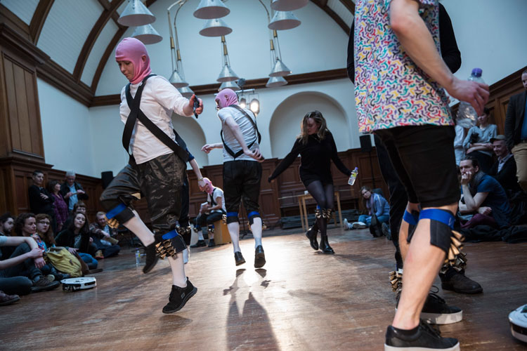 Participants morris dancing with robots