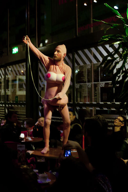 Bob in a pink lycra lady suit